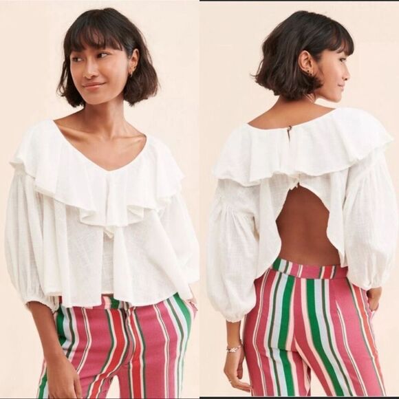 FREE PEOPLE Zuri Ruffle Blouse, Cut Out Back, Summer Boho, Ivory, Small 4/6, NWT - Picture 1 of 16